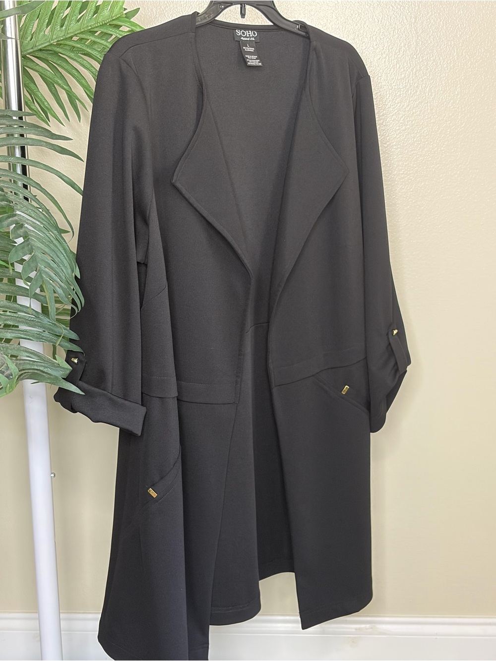 Black Open Front Blazer Cardigan SOHO Large Waterfall Drape Work Office Jacket - Picture 2 of 9